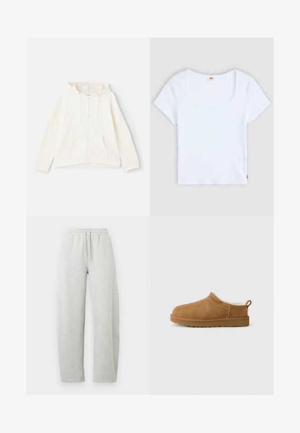 Sweat à capuche crème avec fermeture éclaire, cordon de serrage, poches avant, manches larges et poignets côtelés. Fabriqué en tissu doux et texturé.; Haut blanc à manches courtes avec un décolleté carré, fabriqué en tissu à texture côtelée. Présente une petite étiquette logo rouge en bas à gauche.; Pantalon de survêtement gris clair avec une ceinture élastique et un cordon de serrage. Le tissu présente une texture douce et des jambes droites et amples.; Chaussure mocassin en suède marron avec une douillette doublure en fourrure blanche, semelle plate en caoutchouc, bout arrondi et petite languette au talon.