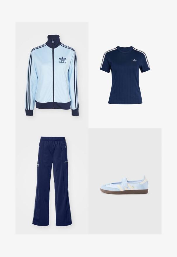 Lyseblå atletisk jakke med navy krave og manchetter, der har tre navy striber på ærmerne og et Adidas-logo. Lynlås lukning, glat materiale.; Marineblå atletisk T-shirt med korte ærmer med hvide tredobbelte striber på skuldrene og lille hvid Adidas Trefoil-logo på brystet.; Navy atletiske bukser med elastisk talje, sidelommer med lynlås og sølvdetaljer. Har et logo på låret og brede ben.; Lyseblå sportssko med velcrolukning, cremefarvede striber på siderne, blødt stofoverdel, tekstureret brun gummisål.