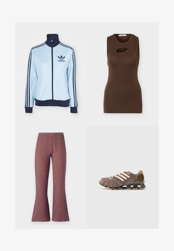 Svetlomodrá športová bunda s námorníckou golierom a manžetami, s tromi námorníckymi pruhmi na rukávoch a logom Adidas. Zipsový uzáver, hladká tkanina.; Hnedé priliehavé tielko bez rukávov s okrúhlym výstrihom a asymetrickým výrezom v tvare kľúčovej dierky na hornej časti hrudníka.; Pásikavé rozšírené nohavice s vlnkovým vzorom v oranžovej a modrej farbe, vyrobené z textúrovanej látky s elastickým pásom pre pohodlie.; Svetlohnedé športové topánky s vrchnou časťou zo sieťoviny, tromi béžovými pruhmi a unikátnym členitým dizajnom podrážky. Majú zaoblenú špičku a polstrovaný golier.