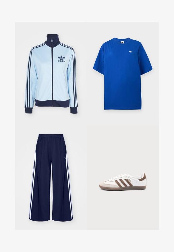 Lyseblå atletisk jakke med navy krave og manchetter, der har tre navy striber på ærmerne og et Adidas-logo. Lynlås lukning, glat materiale.; Blå Adidas T-shirt med korte ærmer og rund halsudskæring med lille hvid Adidas trefoil-logo på venstre bryst.; adidas Originals PANT - Træningsbukser - night indigo; Hvid Adidas Samba sneaker med brune ruskindstriber, brun gummisål og beige ruskindståhætte, vist fra ydersiden på en ensfarvet baggrund.