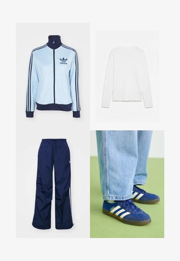Lyseblå atletisk jakke med navy krave og manchetter, der har tre navy striber på ærmerne og et Adidas-logo. Lynlås lukning, glat materiale.; Helt hvid langærmet t-shirt med rund hals lagt fladt på en hvid overflade, der viser fronten og hele ærmelængden.; Marineblå, letvægtsbukser med elastik i taljen og snøre, med hvide sidelister og et lille logo foran. Løs pasform.; Blå ruskindsneakers med hvide striber og teksturerede mønstre, båret med lyseblå denimbukser, sat mod en grøn baggrund.