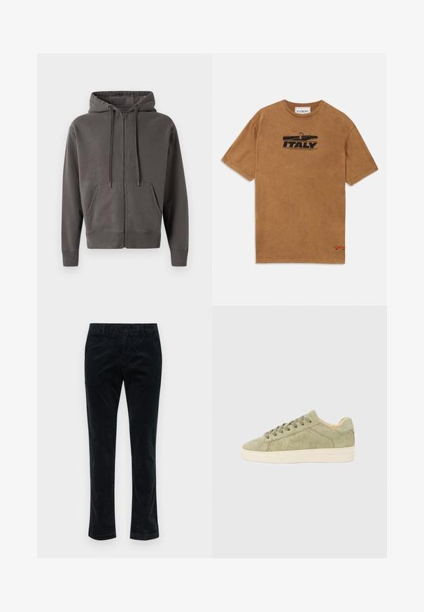 Haut à zipper gris avec capuche à cordon, poches kangourou, et poignets et ourlet côtelés. Matériau doux avec une texture lisse.; T-shirt en coton marron avec un imprimé graphique noir portant le texte "ITALIE". Conception à col ras du cou avec des manches courtes et un détail de logo sur l'ourlet.; Pantalons en corduroy noir à jambe droite, avec des côtes verticales, une texture douce et une taille standard sans matériel visible.; Baskets en daim vert clair avec des accents beiges, embout arrondi et lacets plats. Présente une surface texturée et un design minimaliste.