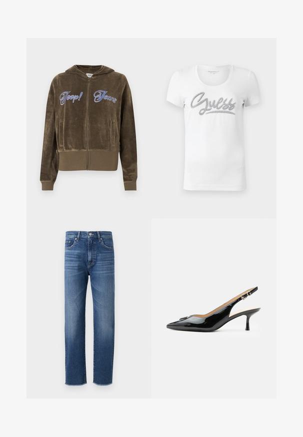 Brauner Velour-Zip-Hoodie mit Fronttaschen, gerippten Bündchen und Saum sowie blau gesticktem "Joop! Jeans" Schriftzug auf der Brust.; Weißes T-Shirt mit kurzen Ärmeln und rundem Halsausschnitt, auf dem "Guess" in Schreibschrift mit glänzenden silbernen Verzierungen quer über die Brust gedruckt ist.; Blaue Denim-Jeans mit geradem Schnitt, ausgestattet mit einem verblassten Finish, fünf Taschen und einem fransigen Saum.; Schwarzer Pumps mit Riemchen aus Lackleder, spitz zulaufender Zehenpartie, kleinem Kitten-Heel und silberner Schnalle auf weißem Hintergrund.