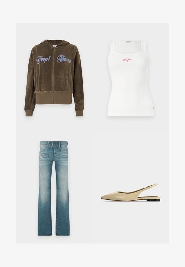 Pull à capuche en velours brun avec fermeture éclair, poches avant, poignets et ourlet côtelés, et texte brodé bleu "Joop! Jeans" sur la poitrine.; Débardeur blanc côtelé sans manches avec un décolleté carré et le texte rouge "GUESS JEANS" ainsi que le logo en étoile sur la poitrine.; Jean fluide bleu clair en denim. Comprend deux poches avant et une fermeture à bouton. Le dégradé le long des jambes ajoute de la texture et de la profondeur.; Chaussure plate beige à bout pointu avec bride arrière, petit talon noir et finition en cuir lisse, vue de côté sur un fond uni.