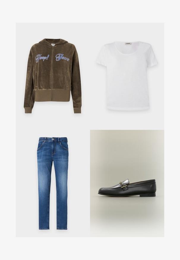 Pull à capuche en velours brun avec fermeture éclair, poches avant, poignets et ourlet côtelés, et texte brodé bleu "Joop! Jeans" sur la poitrine.; T-shirt blanc à manches courtes en tissu doux, avec un col rond et un ourlet droit sans motifs ni accents visibles.; Jean en denim bleu ajusté avec une finition délavée, cinq poches, fermeture à bouton à l'avant et détails de couture contrastés.; Mocassin en cuir noir avec dessus argenté, détail de chaîne dorée, petit talon et bout arrondi sur fond neutre.