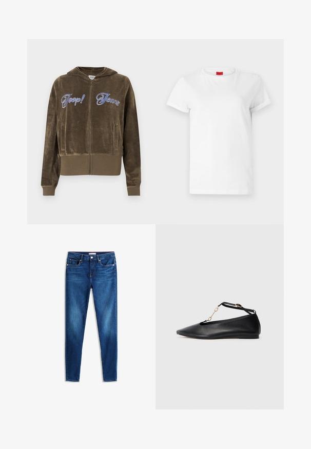 Sudadera con capucha marrón de velour con cremallera, bolsillos delanteros, puños y bajo acanalados, y texto bordado azul "Joop! Jeans" en el pecho.; Camiseta blanca de manga corta hecha de algodón ligero. Presenta un escote redondo y mangas enrolladas. Etiqueta de logo roja en el cuello.; Vaqueros denim ajustados azules con botón delantero, cinco bolsillos y sutil desgaste en los muslos y las rodillas, mostrados planos sobre fondo blanco.; Bailarinas de cuero negro con punta afilada, diseño cortado, tira en el tobillo y detalle de cadena dorada. Textura suave, tacón minimal.