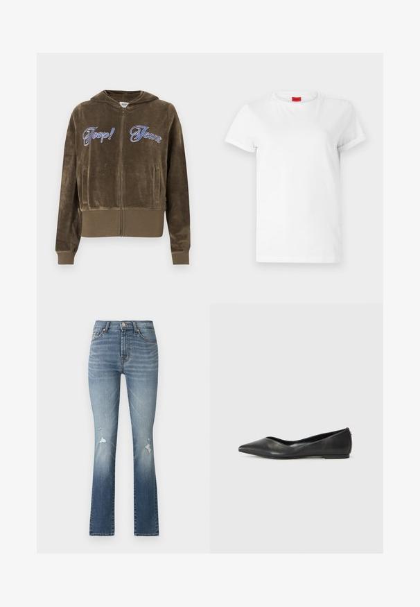 Pruun veluurist lukuga dressipluus esitaskute, soonikkoes varrukate ja äärega ning sinise tikkitud "Joop! Jeans" tekstiga rinnal.; Valge lühikeste varrukatega T-särk, mis on valmistatud kergest puuvillast. Omab ümmargust kaelust ja rullitud varrukaid. Kaelusel on punane logo sildike.; Heledad sinise denimi laiemad teksad kõrge vöökohaga, millel on kaks eesmist taskut ja kulumisdetailid reitel.; Mustrist musta ballerina king, mille terav varvas, madal konts ja sile pind. Minimalistlik disain peene külgaktsentiga.
