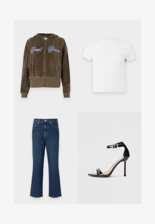 Ruskea velourvetoketjuhuppari, jossa etutaskut, resorit hihansuissa ja helmassa sekä rinnan kohdalla sininen kirjailtu "Joop! Jeans" -teksti.; Valkoinen lyhythihainen t-paita, pyöreä kaula-aukko, pehmeästä puuvillasta valmistettu. Keskellä rintaa on hillitty logotunnus. Sujuva pinta.; Tummansinisiä, levennettyjä farkkuja, joissa on muotonsa säilyttävä vyötärö, etutaskut ja kultasävytteiset yksityiskohdat. Tasainen pintakuvio ja ompelutiedot.; Musta kiiltävä nahkainen korkokengän sandaali, jossa nilkkahihna. Siinä on minimalistinen muotoilu, avoin varvas ja strassikoristeltu solki.