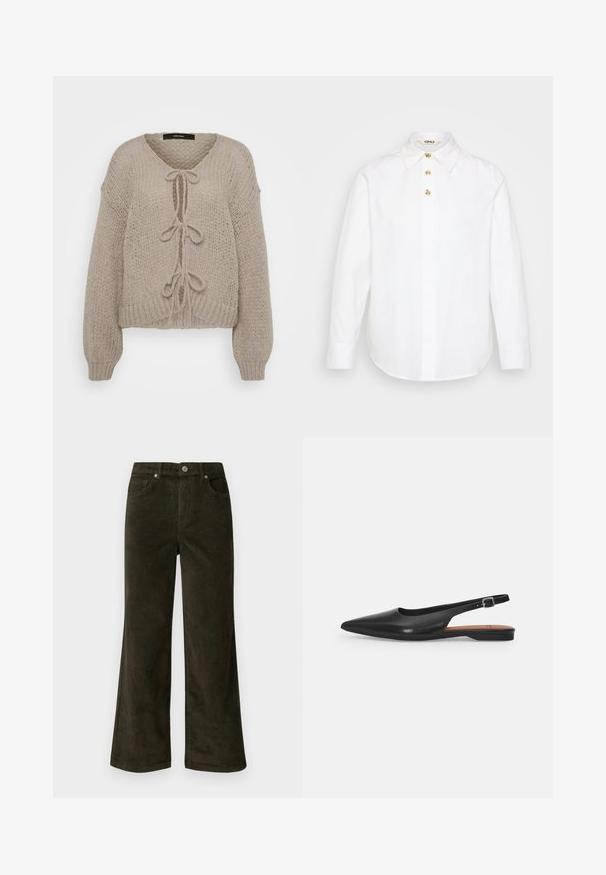 Beige strikket cardigan med V-udskæring, der har frontbindinger, lange ærmer og ribbede manchetter. Blød tekstur og hyggeligt design.; Hvid langærmet skjorte lavet af bomuld, med klassisk krave og fem knapper i guldfarve ned foran. Glat tekstur, skræddersyet pasform.; Vero Moda Petite VMTESSA PANTS - Bukser - forest night; Sorte læder slingback sko med spidse tæer, subtil glans og justerbar ankelrem. Flad hæl med en brun indersål.