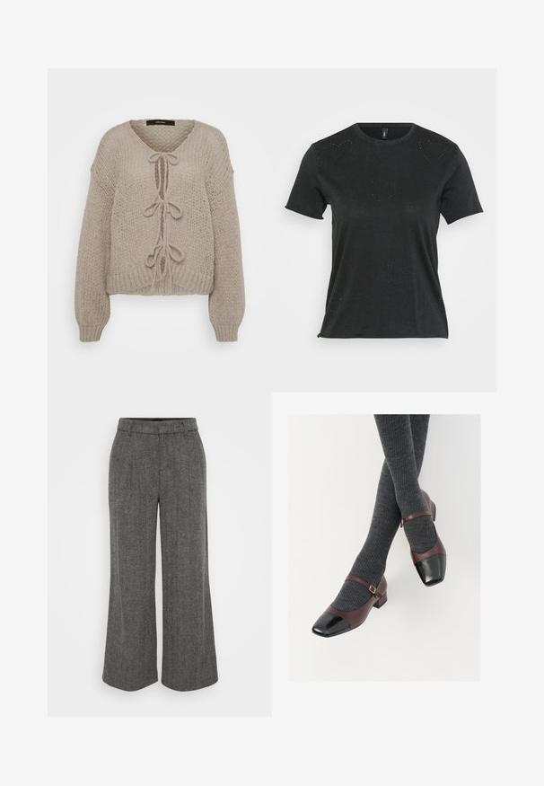 Beige strikket cardigan med V-udskæring, der har frontbindinger, lange ærmer og ribbede manchetter. Blød tekstur og hyggeligt design.; Sort kortærmet T-shirt med rund halsudskæring, der har diskrete hjerteformede rhinstenapplikationer på forsiden. Blødt, afslappet stof.; Grå hættebukser med bred benvidde og en tætsiddende talje, udstyret med en plisseret front og et blødt, tekstureret stof.; Burgunderrøde læder Mary Jane-sko med en sort laktoej og tynd ankelrem; båret med mørkegrå ribbede strømper. Lav blokhæl.