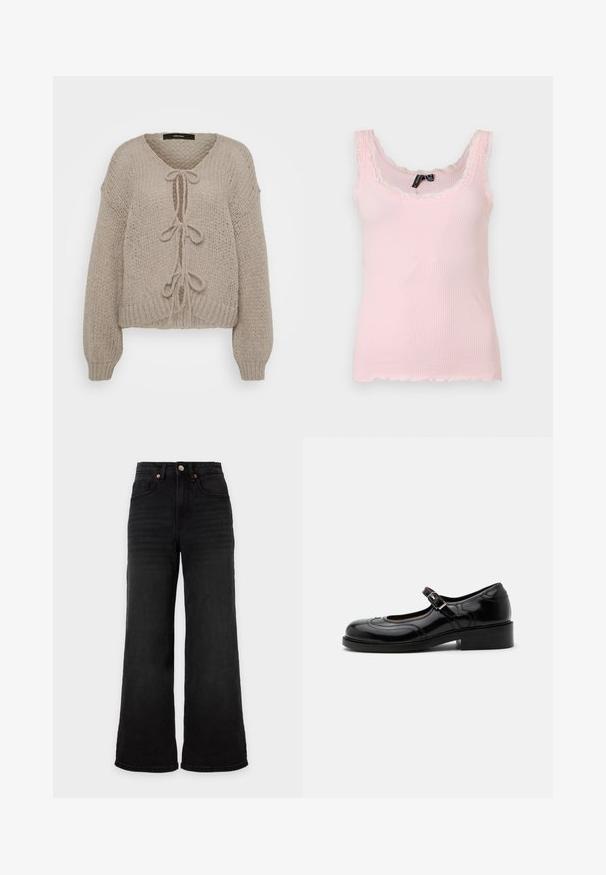 Beige strikket cardigan med V-udskæring, der har frontbindinger, lange ærmer og ribbede manchetter. Blød tekstur og hyggeligt design.; Lyserød ribbet tanktop med blonder langs halsudskæring og stropper, ærmeløs med en tætsiddende silhuet.; Sort højttaljede jeans med brede ben, forlommer og knaplukning på en ensfarvet lys baggrund.; Sort blank lak Mary Jane-sko med lav blokhæl og sølvspænde, vist i sideprofil på hvid baggrund.