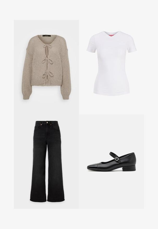 Beige strikket cardigan med V-udskæring, der har frontbindinger, lange ærmer og ribbede manchetter. Blød tekstur og hyggeligt design.; Hvid tætsiddende T-shirt med korte ærmer og V-hals vist på en ensfarvet baggrund med frontvisning.; Sort højttaljede jeans med brede ben, forlommer og knaplukning på en ensfarvet lys baggrund.; Sorte læder Mary Jane-sko med en patenttå, justerbar ankelrem og lav blokhæl. Glat tekstur og strømlinet design.