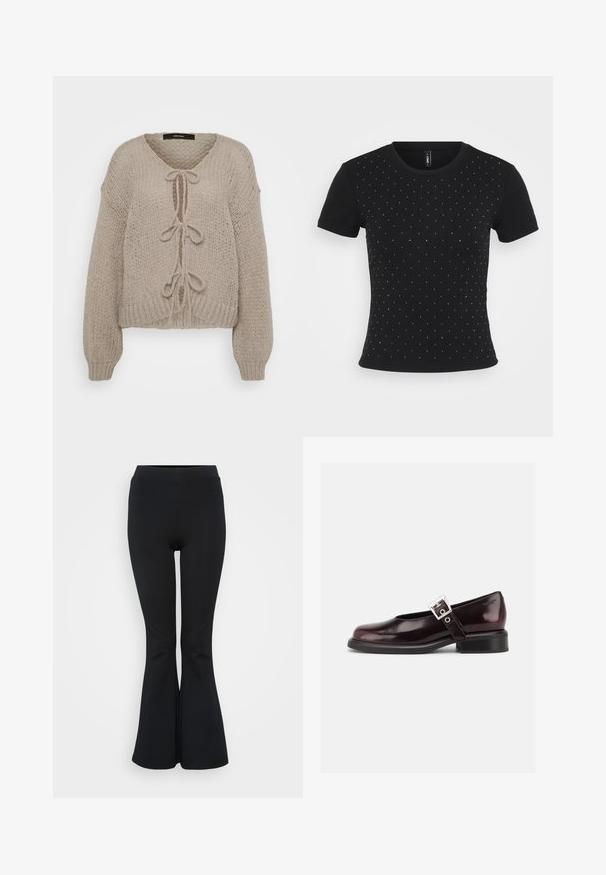 Beige strikket cardigan med V-udskæring, der har frontbindinger, lange ærmer og ribbede manchetter. Blød tekstur og hyggeligt design.; Sort kortærmet T-shirt lavet af ribbet stof med spredte rhinsten accenter på forsiden for ekstra detaljer.; Sorte flare leggings lavet af strækbart materiale. Har en høj talje og en glat overflade. Slutter med en flared kant.; En enkelt blank mørk burgunder Mary Jane sko med bred rem og sølvspænde, lav blokhæle og rundet tå på hvid baggrund.