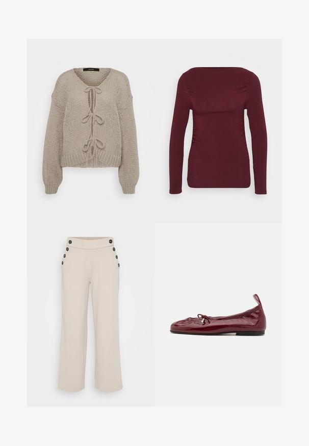 Beige strikket cardigan med V-udskæring, der har frontbindinger, lange ærmer og ribbede manchetter. Blød tekstur og hyggeligt design.; Bordeaux langærmet top lavet af blødt stof, med firkantet halsudskæring og sideskæring for en tætsiddende pasform. Glat tekstur uden mønstre.; Beige bukser med vide ben og høj talje med sorte knapper arrangeret i to lodrette rækker på hver side af taljebåndet.; Bourgogne patenterede læderballetflade med rund tå, tynd sort sål og en sløjfeaccent foran. Glat, blank overflade.