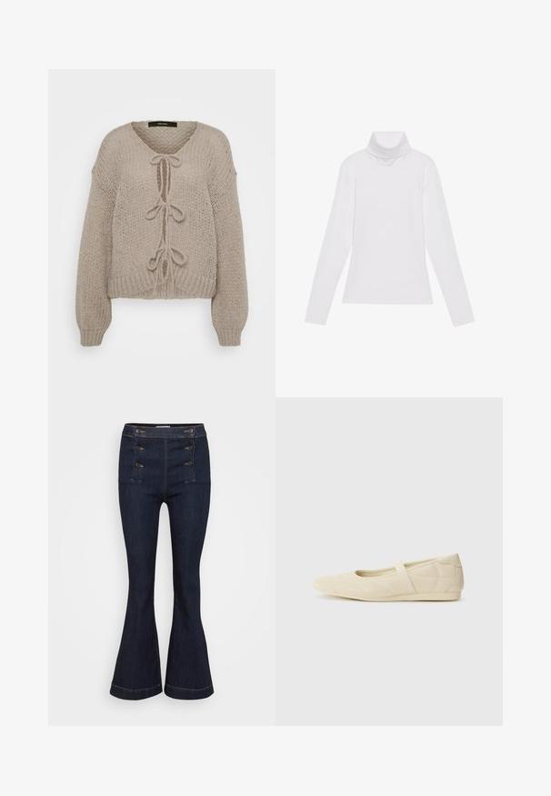 Beige strikket cardigan med V-udskæring, der har frontbindinger, lange ærmer og ribbede manchetter. Blød tekstur og hyggeligt design.; Hvid langærmet turtle-neck top lavet af glat, strækbart stof. Har en høj krave og tætsiddende design, uden synlige mønstre eller udsmykninger.; Mørkeblå denim flared jeans med højt liv, der har fem dekorative knapper og kontrastsyet langs sømmene.; Lysebrune ballet flats med en glat læderoverflade, mandelformet tå og elastisk rem over vristen, med diskrete syninger.