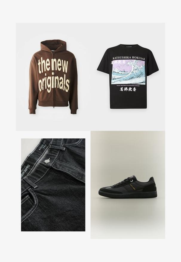 Hnedá mikina na zips s veľkým krémovým textom "the new originals" na prednej strane, so šnúrkou na kapucňu a bočnými vreckami.; Čierne bavlnené tričko s krátkymi rukávmi, s grafickým potlačou Hokusaiho "Fuji pri mori" v modrej a purpurovej farbe s bielym textom.; Čierne voľné džínsy vyrobené z denimu, s kontrastným bielym prešívaním, kovovým zapínaním a štítkom prišitým na páse.; Čierna nízka športová obuv s viazaním na šnúrky, textúrovanou podrážkou a logom "Jack & Jones" na boku na jednoduchom pozadí.