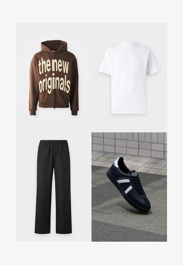 Sweat à capuche zippé marron avec un grand texte graphique crème "the new originals" sur le devant, doté d'une capuche avec cordon et de poches latérales.; T-shirt blanc à manches courtes en coton avec un col rond, présentant une texture lisse et un design simple, sans motifs ni accents.; Pantalon noir à coupe ample avec taille élastique et poches latérales, présenté sur un fond clair uni.; Sneaker en cuir noir avec des rayures blanches, semelle en caoutchouc texturée et devant à lacets. Présente une étiquette de marque sur la languette.