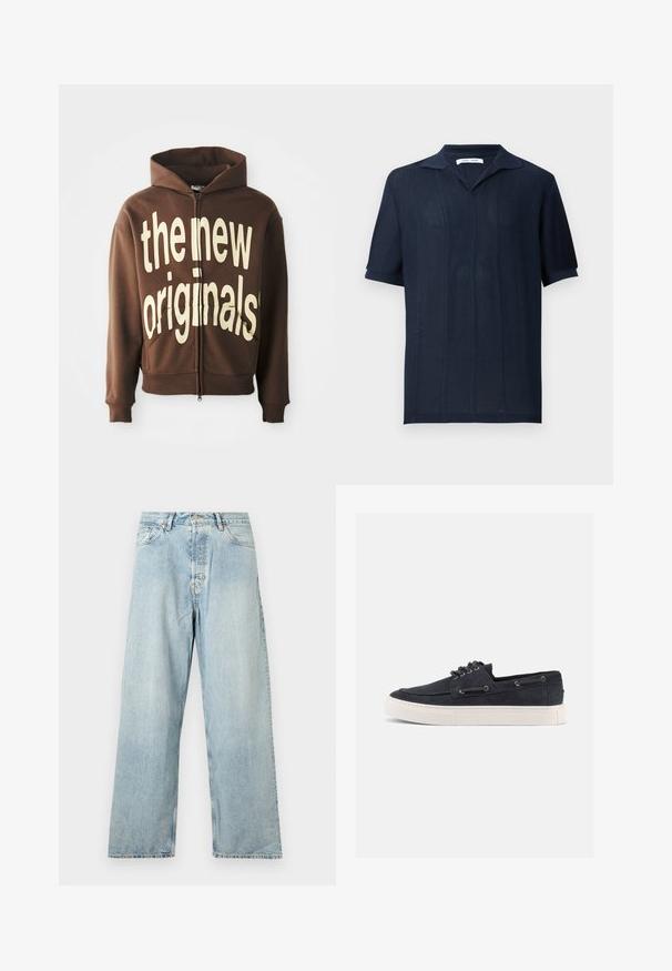 Sudadera con cremallera marrón con un gran texto gráfico crema que dice "los nuevos originales" en el frontal, con capucha ajustable y bolsillos laterales.; Samsøe Samsøe SATRAVIS POLO - Polo - salute; Vaqueros de mezclilla azul claro de talle alto y pierna recta, con botón frontal, cierre de cremallera y diseño de cinco bolsillos, mostrados sobre un fondo blanco liso.; Zapatilla casual de ante azul marino con suela de goma blanca, cordones negros y ojales de metal, mostrada desde el lado derecho sobre un fondo liso.