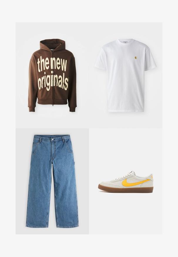 Braune Zip-Hoodie mit einem großen cremefarbenen Schriftzug "the new originals" auf der Vorderseite, ausgestattet mit einer Kordelzugkapuze und seitlichen Taschen.; Weißes Baumwoll-T-Shirt mit kurzen Ärmeln, Rundhalsausschnitt, mit einem kleinen goldenen Logo im linken Brustbereich. Weicher Stoff und normale Passform.; Blaue Jeans mit weitem Bein und dünnen weißen vertikalen Nadelstreifen, Vordertaschen, Gürtelschlaufen und einem Knopfverschluss in der Taille.; Nike Sneaker aus hellgrauem Wildleder mit einem gelben Swoosh, weißen Schnürsenkeln und einer braunen Gummisohle. Mit strukturiertem Finish und gepolstertem Kragen.