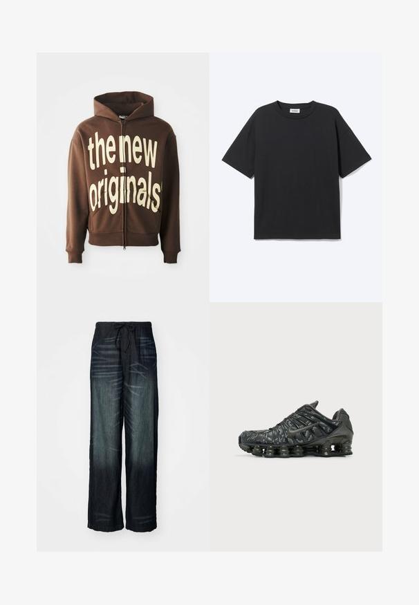 Hnedá mikina na zips s veľkým krémovým textom "the new originals" na prednej strane, so šnúrkou na kapucňu a bočnými vreckami.; Čierne tričko s krátkym rukávom a okrúhlym výstrihom s voľným strihom, pohľad spredu, jednoduchý dizajn a viditeľná značka Weekday vnútri goliera.; Nohavice s širokými nohavicami z tmavého denimu s postupným vyblednutím. Obsahujú elastický pás s šnúrkou. Hladká textúra s jemnými známkami opotrebenia.; Čierna bežecká obuv Nike so segmentovaným odpružením podrážky a bielym škvrnitým vzorom na vrchnej látke, zobrazená z vonkajšej strany.