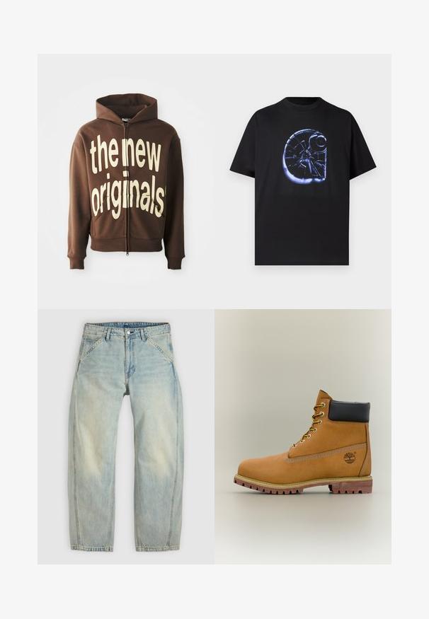 Brun zip-hoodie med stor cremefarvet grafisk tekst "the new originals" på fronten, med en hætte med snore og sidelommer.; Sort T-shirt med stort motiv, der viser et knust glasmønster i blå, korte ærmer, rund halsudskæring, lavet af blød bomuld.; Lys blå jeans med vide ben lavet af denim. Har fem lommer, en knaplukning og falmede områder for et brugt udseende.; Brun læderankelstøvle med sort krave, gule snørebånd og tanfarvet sål. Har logo og hvide syninger som detalje. Robust ydersål med greb.
