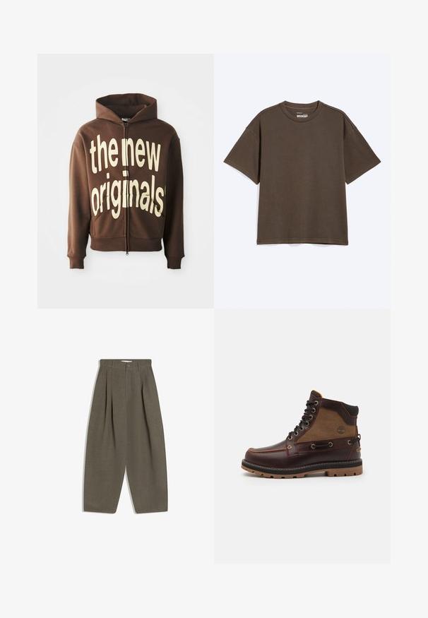 Hnedá mikina na zips s veľkým krémovým textom "the new originals" na prednej strane, so šnúrkou na kapucňu a bočnými vreckami.; Jednoduché tmavozelené tričko s krátkym rukávom a okrúhlym výstrihom, s viditeľným šitím a značkovou nálepkou Weekday vo vnútri goliera.; Nohavice s záhybmi v tlmenej olivovo zelenej látke, s vysokým pásom, širokými nohavicami a jednoduchým zapínaním na predný gombík. Hladká textúra.; Hnedá kožená čižma s béžovým textilným panelom, okrúhla špička, kovové očká, čierna gumová podrážka a detailné švy. Na boku sa nachádza vyvýšené logo.