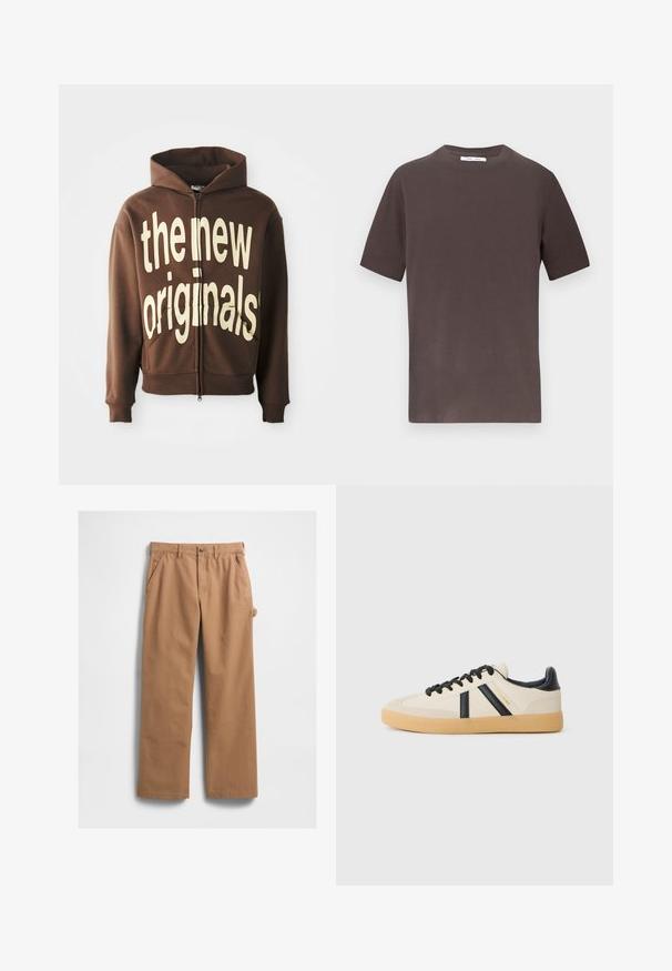 Hnedá mikina na zips s veľkým krémovým textom "the new originals" na prednej strane, so šnúrkou na kapucňu a bočnými vreckami.; Hnedé bavlnené tričko s krátkymi rukávmi, okrúhlym výstrihom a voľným strihom. Hladká štruktúra bez viditeľných vzorov alebo akcentov.; Béžové bavlnené nohavice s rovnými nohavicami, s bočnými vreckami a bočným vreckom na náradie. Textúra látky je hladká a pevná.; Pohodlné tenisky v krémovej farbe s čiernymi pruhmi, s textúrovaným zvrškom a podrážkou z gumy. Šnúrky sú čierne. Diskrétny logo na boku.