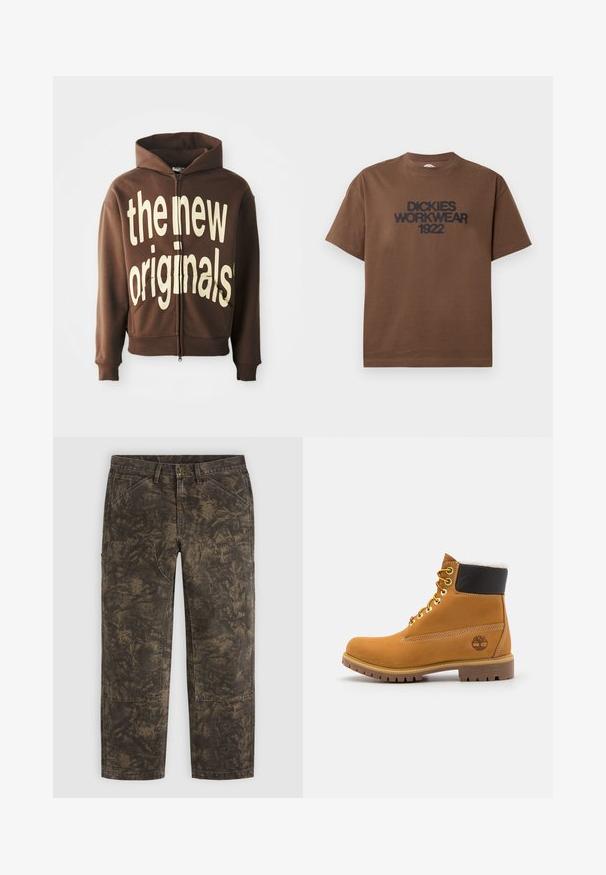 Brun zip-hoodie med stor cremefarvet grafisk tekst "the new originals" på fronten, med en hætte med snore og sidelommer.; Brun T-shirt med korte ærmer og sort tekst "DICKIES WORKWEAR 1922" trykt på brystet, vist på en hvid baggrund.; Brune og sorte tie-dye mønstrede bukser med lige ben, forlommer og bæltestropper på en lys baggrund.; Brune læder ankelstøvle med metaløjer, hvid pelsforing, sort polstret krave, robust sål og præget logo på siden.