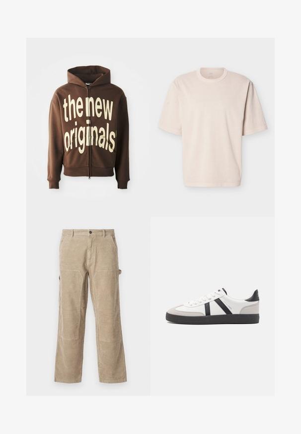 Brun zip-hoodie med stor cremefarvet grafisk tekst "the new originals" på fronten, med en hætte med snore og sidelommer.; Beige oversized T-shirt med korte ærmer, rund hals og enkel syning, vist fladt på en hvid baggrund.; Beige kordfløjlsbukser med lige ben, der har sidelommer og forstærkede knælapper. Tekstilerne har en struktureret overflade med lodrette ribbede mønstre.; Hvide sneakers med sorte og grå detaljer, med en tekstureret grå tåhætte, sort gummisål og flade hvide snørebånd. Rent design, minimalistisk stil.