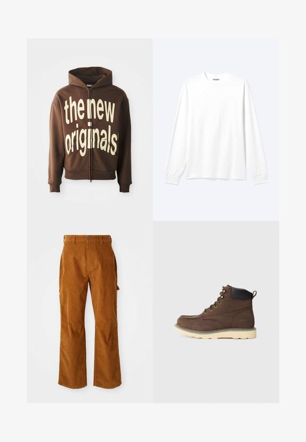 Brun zip-hoodie med stor cremefarvet grafisk tekst "the new originals" på fronten, med en hætte med snore og sidelommer.; Langærmet plain hvid skjorte med rund hals og ribkantede manchetter, vist på en neutral lys baggrund.; Brune kordfløjlsbukser med en udvidet benstruktur, med sidelommer og en frontknaplukning. Teksturen er blød og ribbet.; Brune læder ankelstøvle med en struktureret finish, kontrasterende sort hæl, gyldne øjetter og en lysfarvet gummisål.