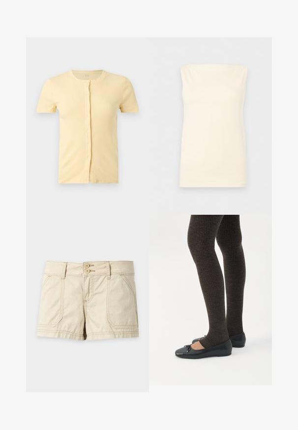 Κοντομάνικη, ανοιχτόκίτρινη ριμπ ζακέτα με στρογγυλή λαιμόκοψη και κούμπωμα μπροστά σε λευκό φόντο.; Αμάνικο, κρεμ χρώματος, εφαρμοστό τοπ με ίσια λαιμόκοψη και λεία υφή σε ουδέτερο φόντο.; Μπεζ casual σορτς με διπλό κούμπωμα με κουμπιά, δύο μπροστινές τσέπες και εμφανείς λεπτομέρειες ραφών σε μονόχρωμο φόντο.; Πόδια με σκουρόχρωμα ριμπ κολάν συνδυασμένα με μαύρα μπαλαρίνα παπούτσια με μικρές λεπτομέρειες φιόγκων σε λευκό φόντο.