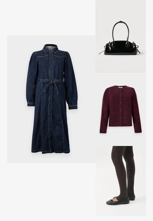 Bordeaux cardigan gemaakt van zachte stof, met lange mouwen, een ronde halslijn en zes knoopsluitingen aan de voorkant.; Donkerblauwe denim jurk met een kraag, knopen aan de voorkant, lange gezwollen mouwen en een gestrikte tailleband. Bevat stikseldetails.; Benen met donkere geribbelde leggings gecombineerd met zwarte ballerina's met kleine strikdetails op een witte achtergrond.; Kleine zwarte glanzende handtas met twee lange hengsels en zijkant trekkoord details op een effen lichte achtergrond.