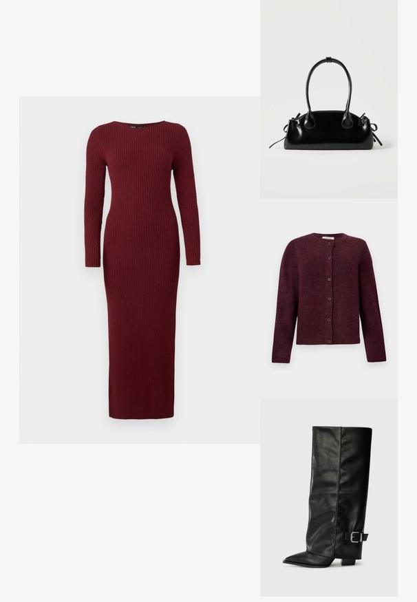 Bordeaux cardigan gemaakt van zachte stof, met lange mouwen, een ronde halslijn en zes knoopsluitingen aan de voorkant.; Bordeaux ribbelgebreide maxi-jurk met lange mouwen en een bootnek, met een aansluitende pasvorm en subtiele textuur overal.; Zwarte leren enkellange laarzen met een spitse neus, een gladde textuur en een zilveren gesps Accent aan de zijkant. Stevige vierkante hak.; Kleine zwarte glanzende handtas met twee lange hengsels en zijkant trekkoord details op een effen lichte achtergrond.
