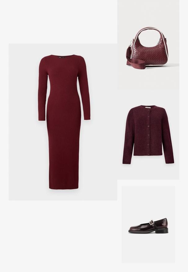 Bordeaux cardigan gemaakt van zachte stof, met lange mouwen, een ronde halslijn en zes knoopsluitingen aan de voorkant.; Bordeaux ribbelgebreide maxi-jurk met lange mouwen en een bootnek, met een aansluitende pasvorm en subtiele textuur overal.; Enkele glanzende donker bordeauxrode Mary Jane schoen met brede band en zilveren gesp, lage blokhak en afgeronde neus op witte achtergrond.; Donkerrode geweven leren handtas met gebogen handvat, witte bies, zilveren rits en afneembare brede stoffen schouderriem tegen een effen achtergrond.
