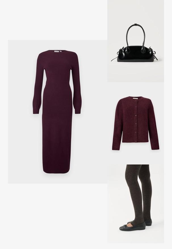 Cardigan bordeaux en tissu doux, avec des manches longues, un col rond, et six boutons de fermeture sur le devant.; Robe tricotée à manches longues bordeaux avec une silhouette ajustée, un col rond et une texture côtelée ; longueur genou avec des manches légèrement évasées.; Jambes portant des leggings côtelés foncés associés à des ballerines noires avec de petits détails en nœud sur fond blanc.; Petit sac à main noir brillant avec deux longues anses et des détails à cordon sur les côtés sur un fond clair uni.