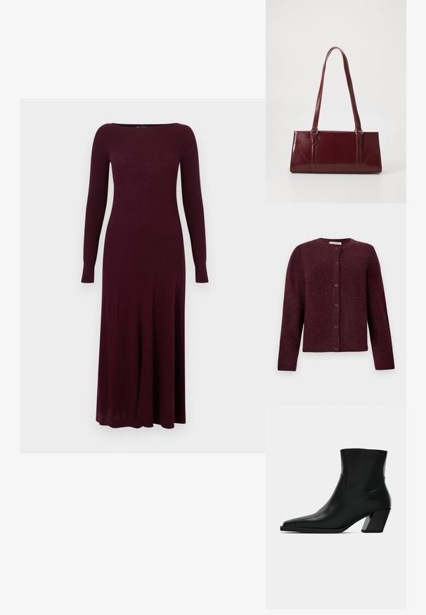 Bordeauxfarbener Cardigan aus weichem Material, mit langen Ärmeln, runder Ausschnitt und sechs Druckknöpfen auf der Vorderseite.; Weinrotes, geripptes Langarmkleid mit Bootsausschnitt, tailliertem Oberteil und ausgestelltem Rock, aus weichem, strukturiertem Stoff.; Schwarze Leder-Stiefelette mit spitzem Zeh, schlanker Silhouette und klobigem quadratischem Absatz. Glatte Textur mit minimalen Nähdetails.; Burgunderfarbene Handtasche aus glänzendem Material, rechteckige Form, mit zwei Schulterriemen und subtilen, geschwungenen Akzenten an der Vorderseite.