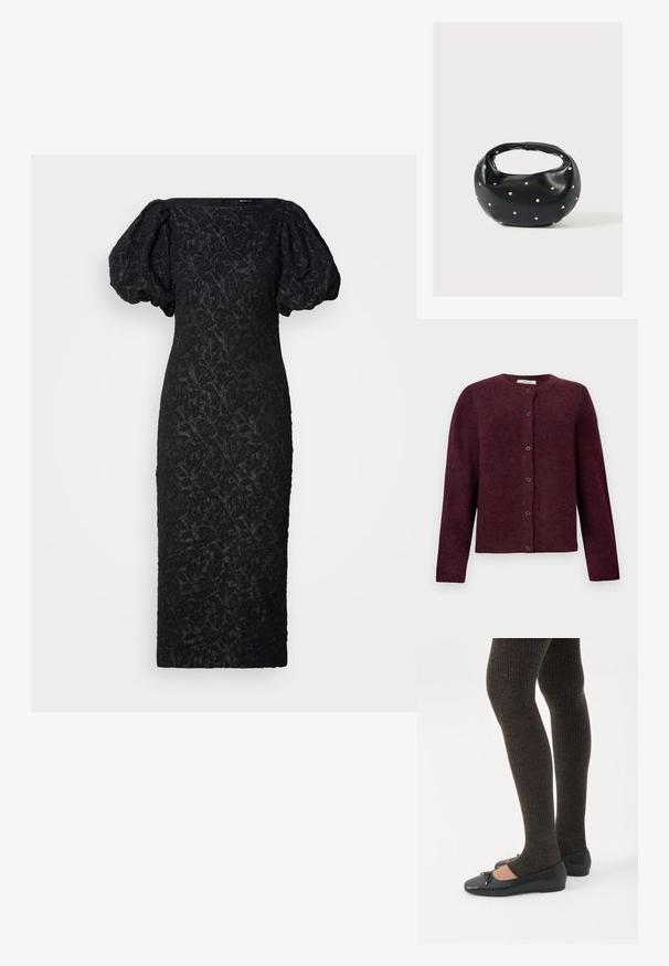Cárdigan burdeos hecho de una tela suave, con mangas largas, un cuello redondo y seis botones en la parte delantera.; Vestido negro con mangas abullonadas, que presenta un patrón floral texturizado. El diseño es ajustado, con una silueta recta y escote cuadrado.; Piernas con leggings oscuros acanalados combinados con bailarinas negras que presentan pequeños detalles de lazo sobre un fondo blanco.; Bolso de mano de cuero negro con forma redondeada, decorado con detalles de tachuelas plateadas y un asa corta. Textura lisa y cierre con cremallera.