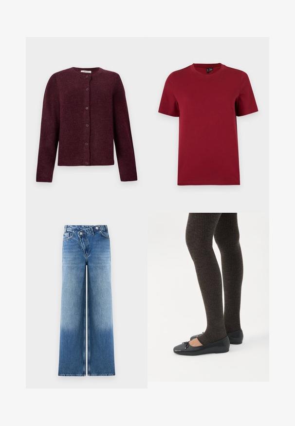 Mørkerød cardigan lavet af blødt stof, med lange ærmer, rund halsudskæring og seks knaplukninger foran.; Simples t-shirt med korte ærmer og rund hals i ensartet mørkerød farve, vist fladt mod en lys baggrund.; Lysblå vidde jeans med en falmet vask, der har et klassisk fem-lomme design og metalknap detaljer i taljen.; Ben iført mørke ribbede leggings kombineret med sorte balletsko med små sløjfedetaljer på hvid baggrund.