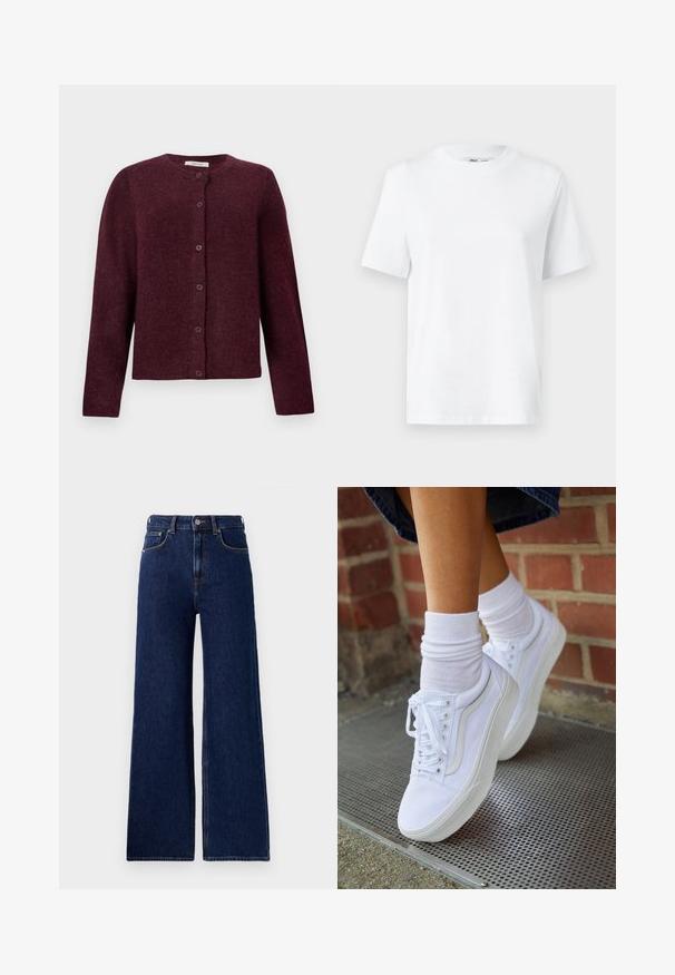 Cardigan bordeaux en tissu doux, avec des manches longues, un col rond, et six boutons de fermeture sur le devant.; T-shirt en coton blanc à col rond, avec des manches courtes et une texture lisse. Conçu avec une coupe décontractée pour plus de confort et de polyvalence.; Red Bull Racing x Pepe Jeans Wide Leg - blue denim; Baskets en toile blanches avec semelles en caoutchouc, dotées de six œillets, d'un bout rond et de détails de couture légers, portées avec des chaussettes blanches mi-mollet.
