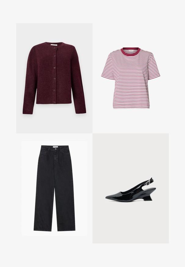 Bordeaux cardigan gemaakt van zachte stof, met lange mouwen, een ronde halslijn en zes knoopsluitingen aan de voorkant.; Wit T-shirt met korte mouwen, dunne horizontale rode strepen en een effen rode ronde halslijn.; Zwarte high-waisted spijkerbroek met wijde pijpen, frontknopen en ritssluiting, ceintuurlussen en een vijf-pocket stijl.; Zwarte lakleren slingback schoen met spitse neus en lage schuine blokhak op een effen lichte achtergrond.
