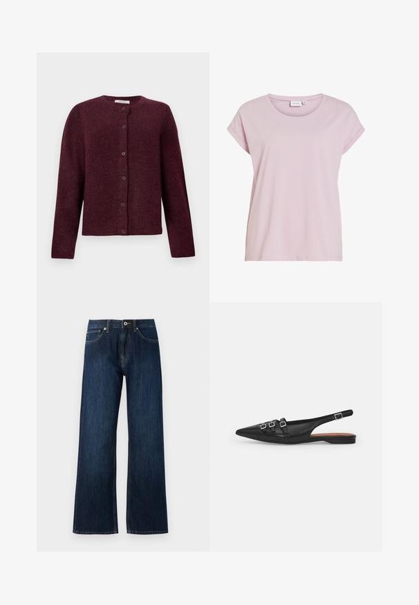 Cárdigan burdeos hecho de una tela suave, con mangas largas, un cuello redondo y seis botones en la parte delantera.; Camiseta rosa hecha de tela suave, con cuello redondo y mangas cortas enrolladas. Corte recto con un ajuste ligeramente holgado.; Pantalones vaqueros de pierna ancha de color azul oscuro, hechos de denim, con cremallera, cierre de botón y dos bolsillos frontales con costuras en contraste.; Zapato plano slingback de cuero negro con puntera puntiaguda, que presenta dos correas horizontales y hebillas plateadas cuadradas, tacón bajo y textura suave.