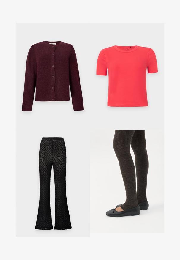 Mørkerød cardigan lavet af blødt stof, med lange ærmer, rund halsudskæring og seks knaplukninger foran.; Kortærmet, ribstrikket t-shirt lavet af blødt stof i levende koralfarve. Har rund halsudskæring og en tætsiddende silhuet.; Sorte blondebukser med zigzag-mønster og flared ben, der har en elastisk talje.; Ben iført mørke ribbede leggings kombineret med sorte balletsko med små sløjfedetaljer på hvid baggrund.