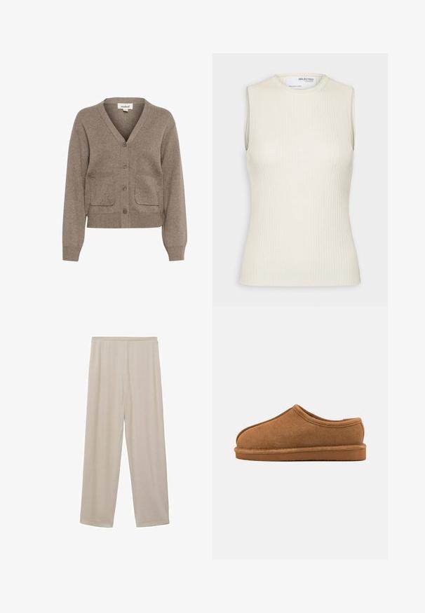 Brun cardigan lavet af blødt stof med V-hals, knaplukning, to forlommer samt ribbet manchetter og kant.; Selected Knitted Sleeveless - Top - birch; Beige, lette bomuldsbukser med lige ben-design, elastisk talje og glat tekstur. Ingen synlige mønstre eller hardware.; Brune ruskindsindslipper med rund tå, lav bagkant og struktureret overflade. Udstyret med en syet søm og en flad gummisål til indendørs brug.