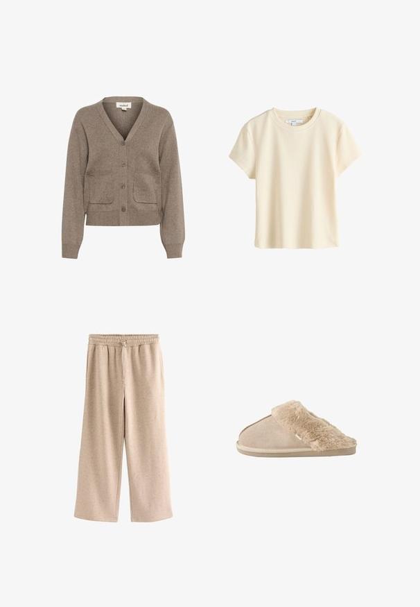 Brun cardigan lavet af blødt stof med V-hals, knaplukning, to forlommer samt ribbet manchetter og kant.; Kortærmet ribbet bomuld t-shirt med rund halsudskæring og label inde i kraven på hvid baggrund.; Beige bukser med vide ben, elastisk talje og snørre, lavet af et blødt, plettet stof.; Beige slip-on tøfler med blødt ruskind yderside og blødt, fluffy inderfor og manchet, designet til komfort indendørs.