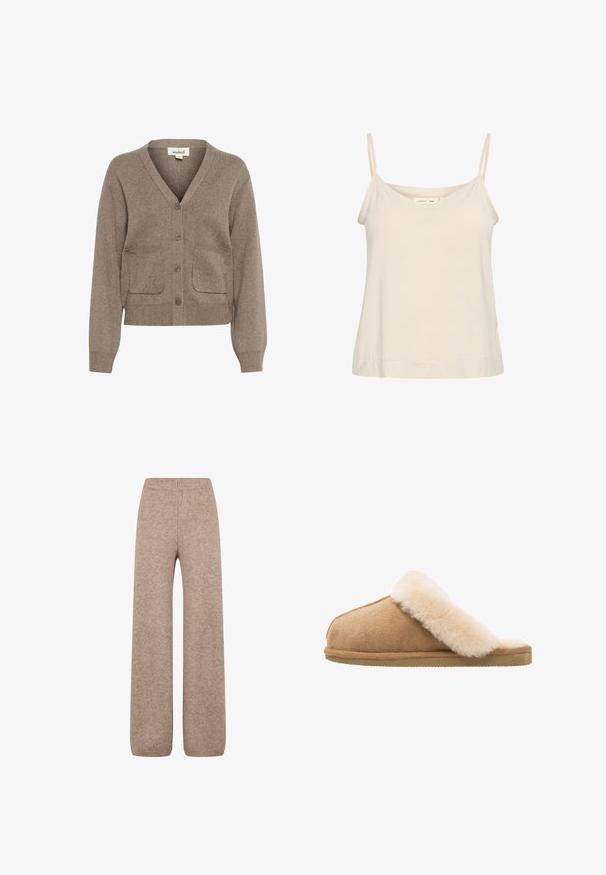 Brun cardigan lavet af blødt stof med V-hals, knaplukning, to forlommer samt ribbet manchetter og kant.; Lys beige cami lavet af blødt stof, med tynde justerbare stropper og en V-udskæring med en let afslappet pasform.; Strikkede bukser med vidde i en lys brune nuance med en ribbet talje og ribkant. Bukserne har et blødt, tekstureret stof. Ingen synlige lommer.; Beige ruskind slip-on hjemmesko med en blød, fluffy creme lammeskindsforing. Har en flad, tekstureret gummisål for godt greb.