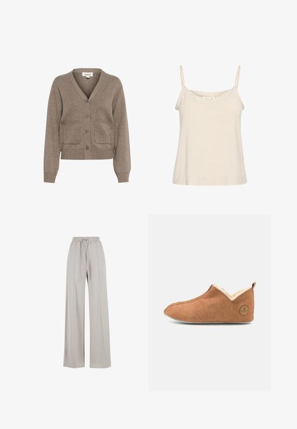 Ruskeao kardigana iz mekane tkanine s V-izrezom, kopčanjem na gumbi, dva prednja džepa i rebrastim manžetama i rubom.; Camisole vaalea beige, joka on valmistettu pehmeästä kankaasta ja jossa on ohuet säädettävät olkaimet sekä V-muotoinen kaula-aukko, hieman rento istuvuus.; Helle beige vide bukser lavet af blødt stof, med snøre i taljen og subtile sideskår for en ekstra design detalje.; Ruske nubuk slippers mit pehmeää beigeä vuoraa. Ominaisuuksiin kuuluu pyöristetty kärki, matala slip-on tyyli ja logopatchi kantapäässä. Tasapohja.