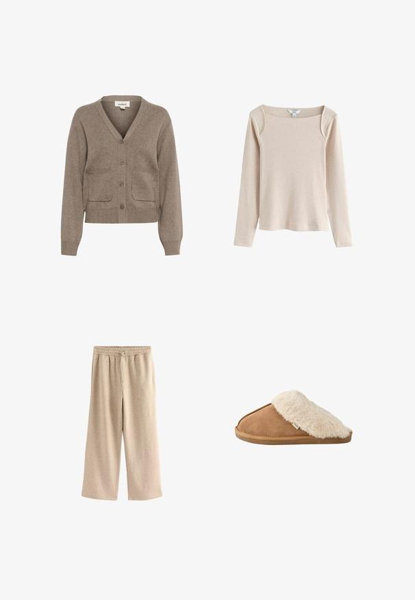 Brun cardigan lavet af blødt stof med V-hals, knaplukning, to forlommer samt ribbet manchetter og kant.; Beige langærmet ribstrikket top med firkantet udskæring og let skulderdetalje, vist på hvid baggrund.; Cremefarvede breddebenede bukser lavet af blødt bomuldsblandingsstof. Har en elastisk talje med snor og en subtil plettet tekstur.; Brun slip-on tøffel med blød beige imiteret pelsforing og sål, vist fra siden på hvid baggrund.