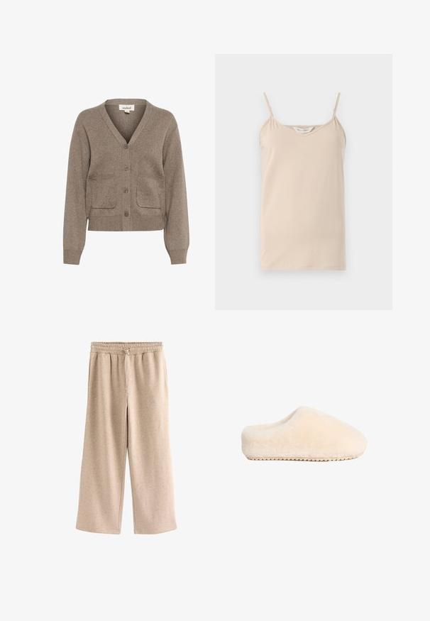 Brun cardigan lavet af blødt stof med V-hals, knaplukning, to forlommer samt ribbet manchetter og kant.; Beige camisole-top med tynde spaghetti-stropper og en V-halsudskæring, lavet af blødt stof med en glat tekstur og en lige kant.; Beige bukser med vide ben, elastisk talje og snørre, lavet af et blødt, plettet stof.; Beige, bløde, fuzzy tøfler med en solid flad sål og rund tå, der har et sømløst design og en blød tekstur.