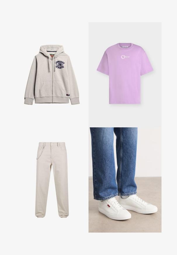 Grijze hoodie met rits, gemaakt van een katoenmix. Bevat een zak aan de voorkant, een capuchon met trekkoord en een marineblauw logo gedrukt op de borst. Geribbelde manchetten en onderrand.; Lavendelkleurig T-shirt met korte mouwen en ronde hals, met kleine witte zonafbeelding en de tekst "THE AFTER GLOW" op de bovenborst.; Beige katoenen broeken met een relaxte pasvorm, voorzien van een voorvak met kettingdetails en knoopsluiting. De boorden lopen taps toe bij de enkels.; Witte sneakers met een glad oppervlak, ronde neus en platte zool. Vergezeld door blauwe denim jeans met een rechte pasvorm en zichtbare stiksels.