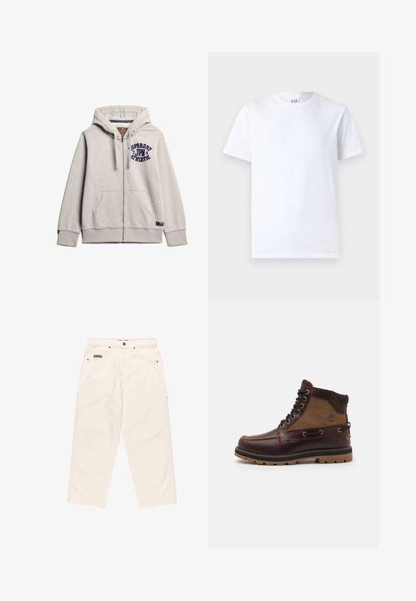 Grijze hoodie met rits, gemaakt van een katoenmix. Bevat een zak aan de voorkant, een capuchon met trekkoord en een marineblauw logo gedrukt op de borst. Geribbelde manchetten en onderrand.; Witte katoenen T-shirt met ronde halslijn en korte mouwen. Eenvoudig ontwerp zonder patronen of graphics, met GAP-merk op de kraag.; Crème-kleurige wijde broek van duurzaam katoen, met vijf zakken, een knoopsluiting en een groene merketiket aan de voorkant.; Bruine leren boot met een tan stoffen paneel, ronde neus, metalen oogjes, zwarte rubberen zool en stiksels. Kenmerken een verhoogd logo aan de zijkant.
